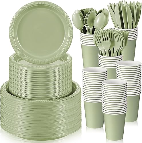 Uiifan 300 platos y servilletas de plástico verde para fiestas, el juego de vajilla de plástico incluye 50 platos llanos de plástico, 50 platos de