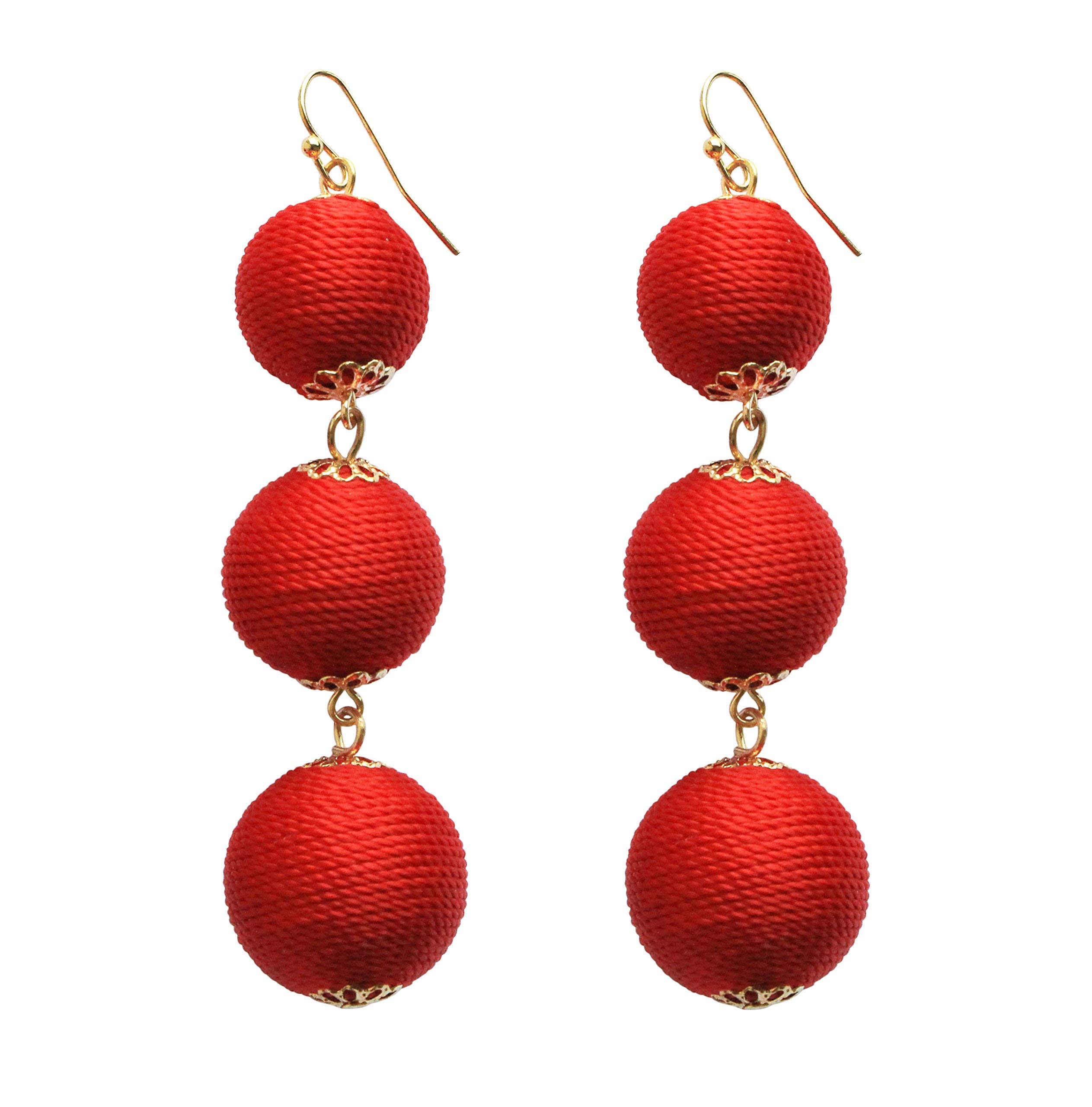 KaFuThreaded Ball Dangle Hook Bohemia Earrings Thread Wrapped Triple Balls Dangle Earrings Lantern Ball Tassel Cute Soriee Drop Earrings for Women (Red)