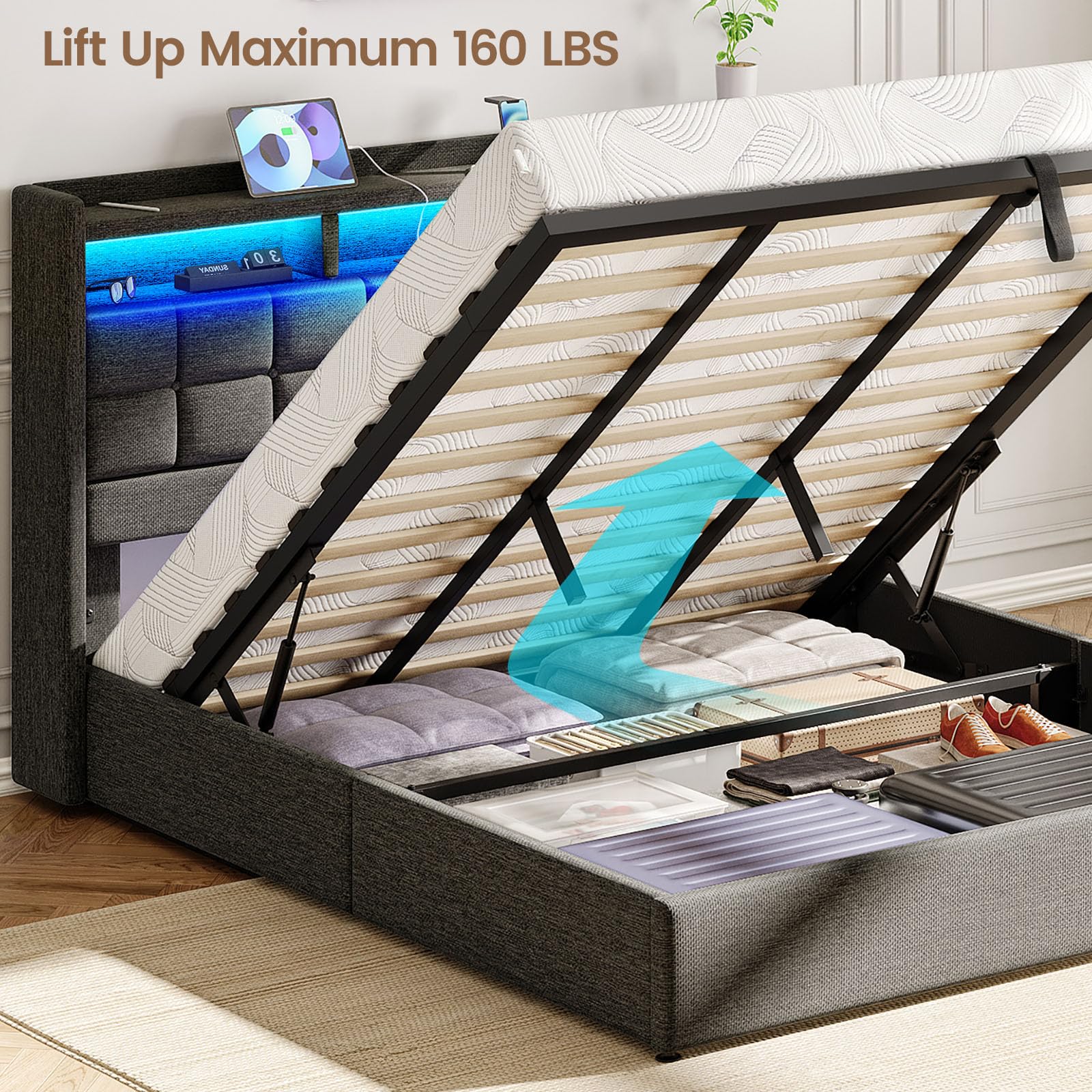Lift Up King Size Bed Frame with Storage, Upholstered King Bed Frame ...