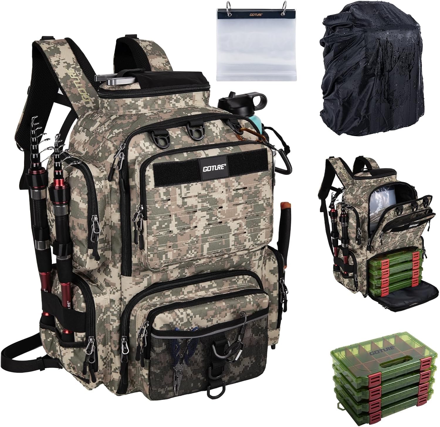 Goture Angelrucksack mit 4 Köderbox Angeln, 45-Liter Angelzubehör-Rucksack mit Zwei Rutenhaltern und Regenschutz, 900D Oxford-Gewebe Wasserabweisende Angelgerätetasche mit verstellbarem Fach