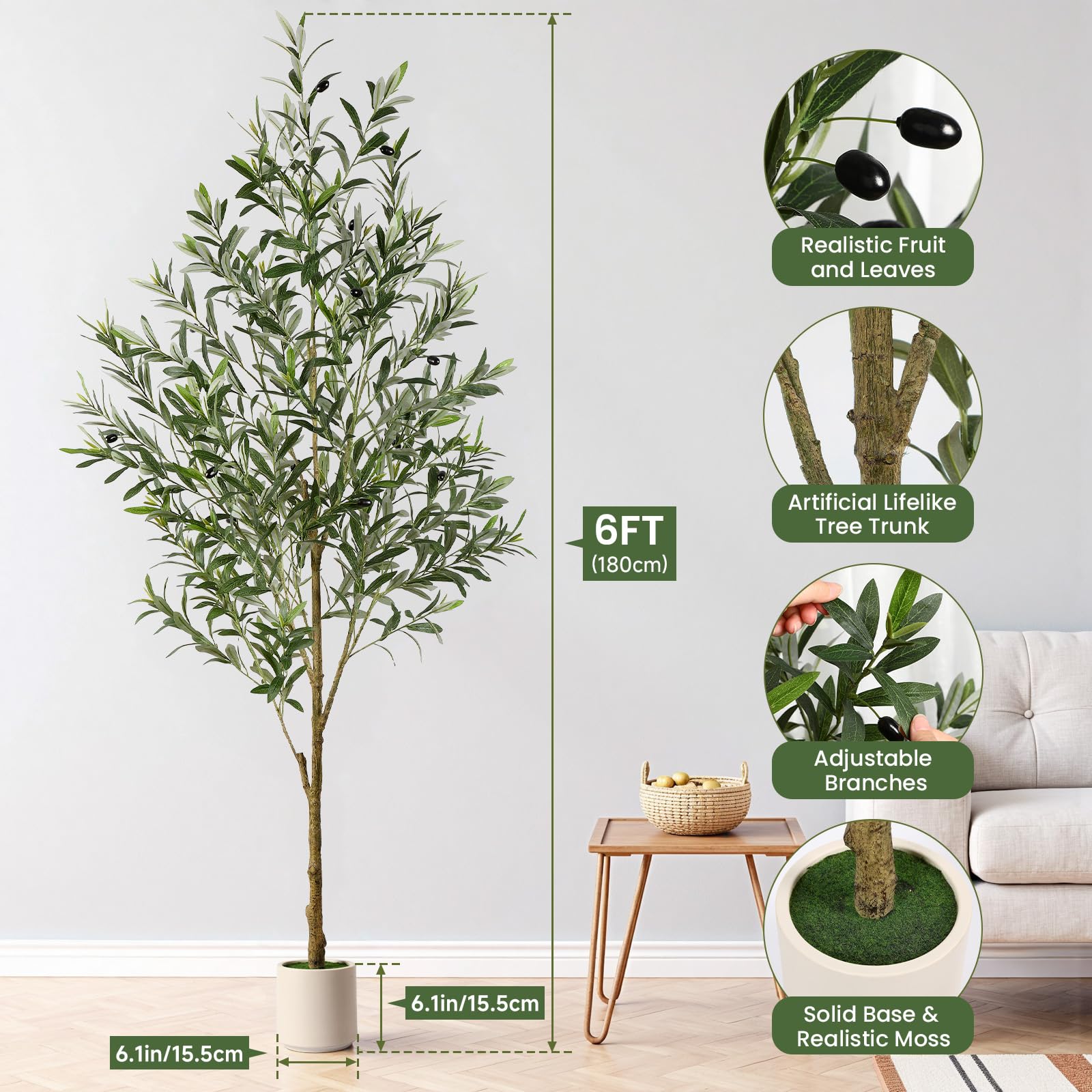 Alupssuc Olivo Artificial 180cm, Plantas Artificiales Decorativas, Olivo Artificial Grande de Interior y Exterior Decoración para Hogar, Oficina, Casa, Balcón, Dormitorio
