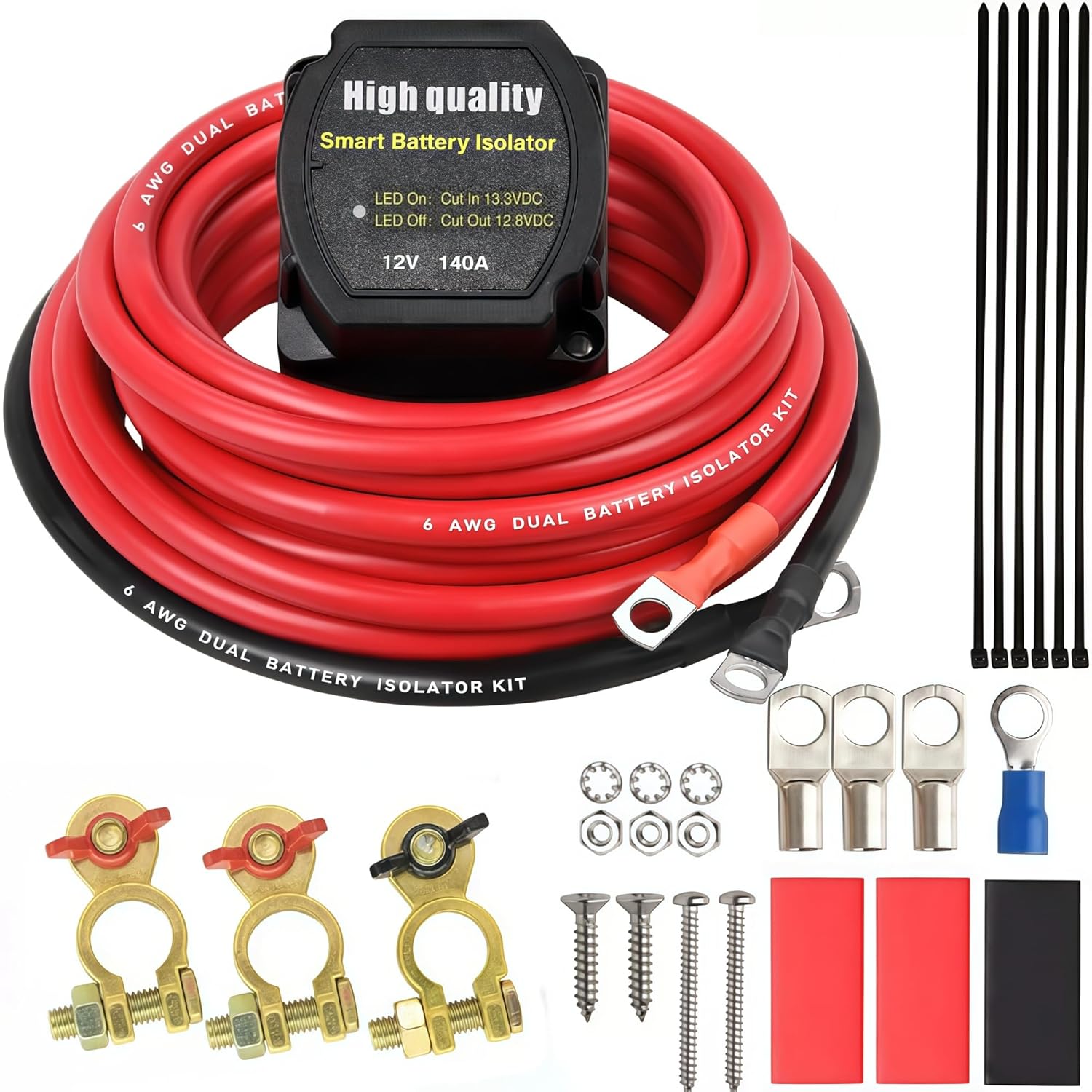 Dual Battery Isolator Switch Kit, 12V 140A VSR Voltage Sensitive Relay with 6 AWG Wiring Cable Set, Smart Battery Split Charge Manager for Boat Yacht Car Polaris RV ATV UTV Camper Van Truck Off-Road