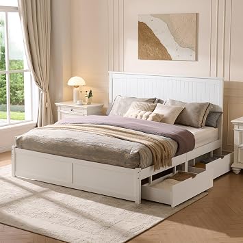 LUXOAK Queen Solid Wood Bed Frame with 50" Headboard & 2 Drawers, White