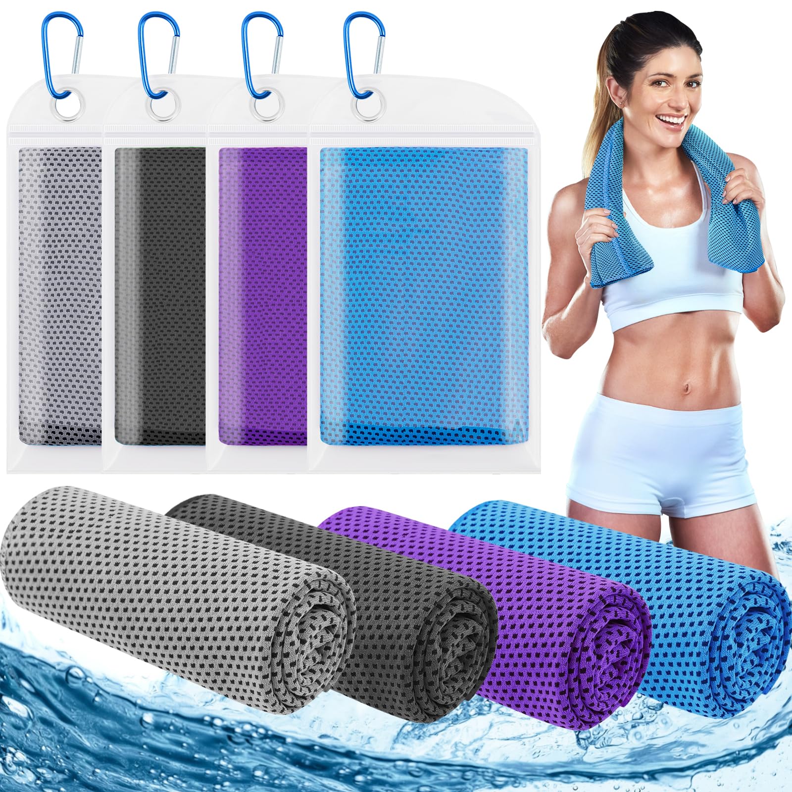 Leuceiy 4 Pack Cooling Towels (40"x12"), Cooling Towels for Neck and Face, Gym Towel for Working Out, Soft Breathable Microfiber Ice Towel for Yoga