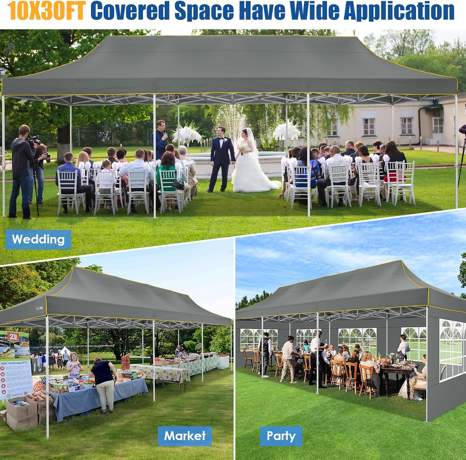 HOTEEL 10x30 Heavy Duty Pop up Canopy Tent with 8 Sidewalls, Easy Setup Outdoor Commercial Instant Tent for Parties Wedding Event, with Roller Bag & Sand Bags, Gray(Hexagonal Frame)