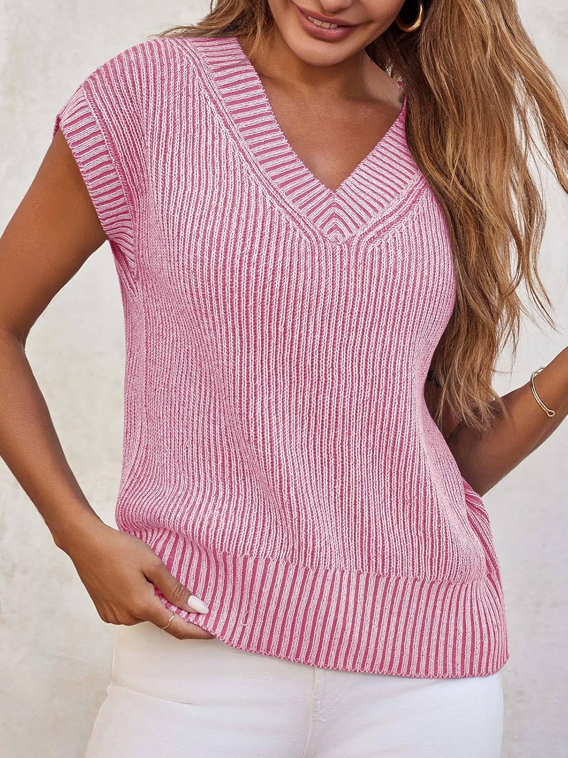 Saodimallsu Womens V Neck Short Sleeve Sweater Summer Lightweight Cap Sleeve Casual Loose Knit Pullover Tank Tops - Image 2