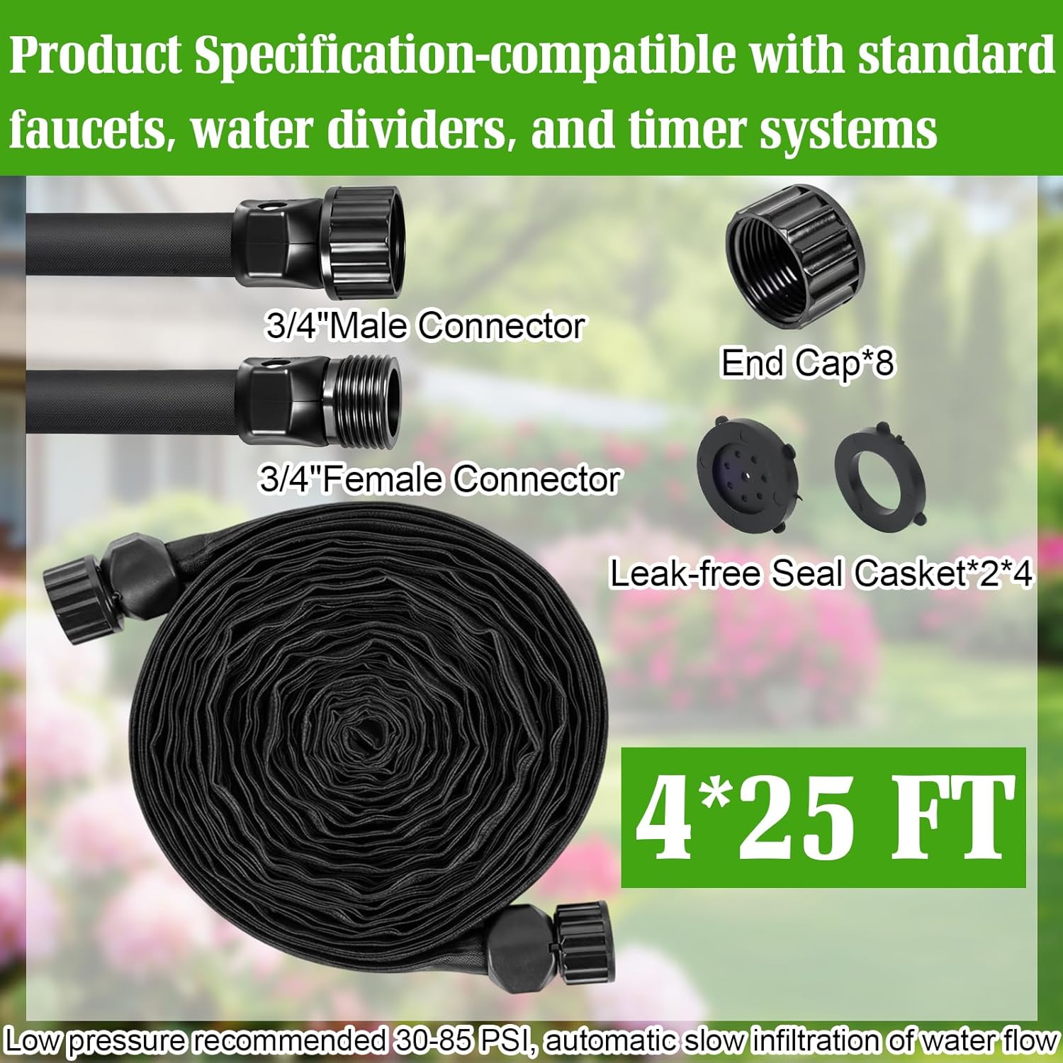 100FT Flat Soaker Hose,4 * 25FT Lightweight and Soft Drip Irrigation Garden Hose Saves 80% Water,Leak Proof Sprinkler Hose for Trees,Flower Planters & Vegetable Plots