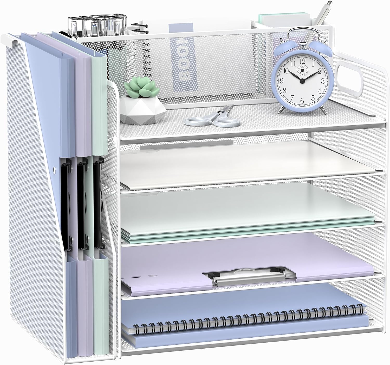 Organisateur de bureau avec porte-dossiers, 5 étages, Organisateur de bureau avec 3 porte-stylos, Bac à courrier en papier pour le bureau, la maison, l'organisation et le rangement, Blanc