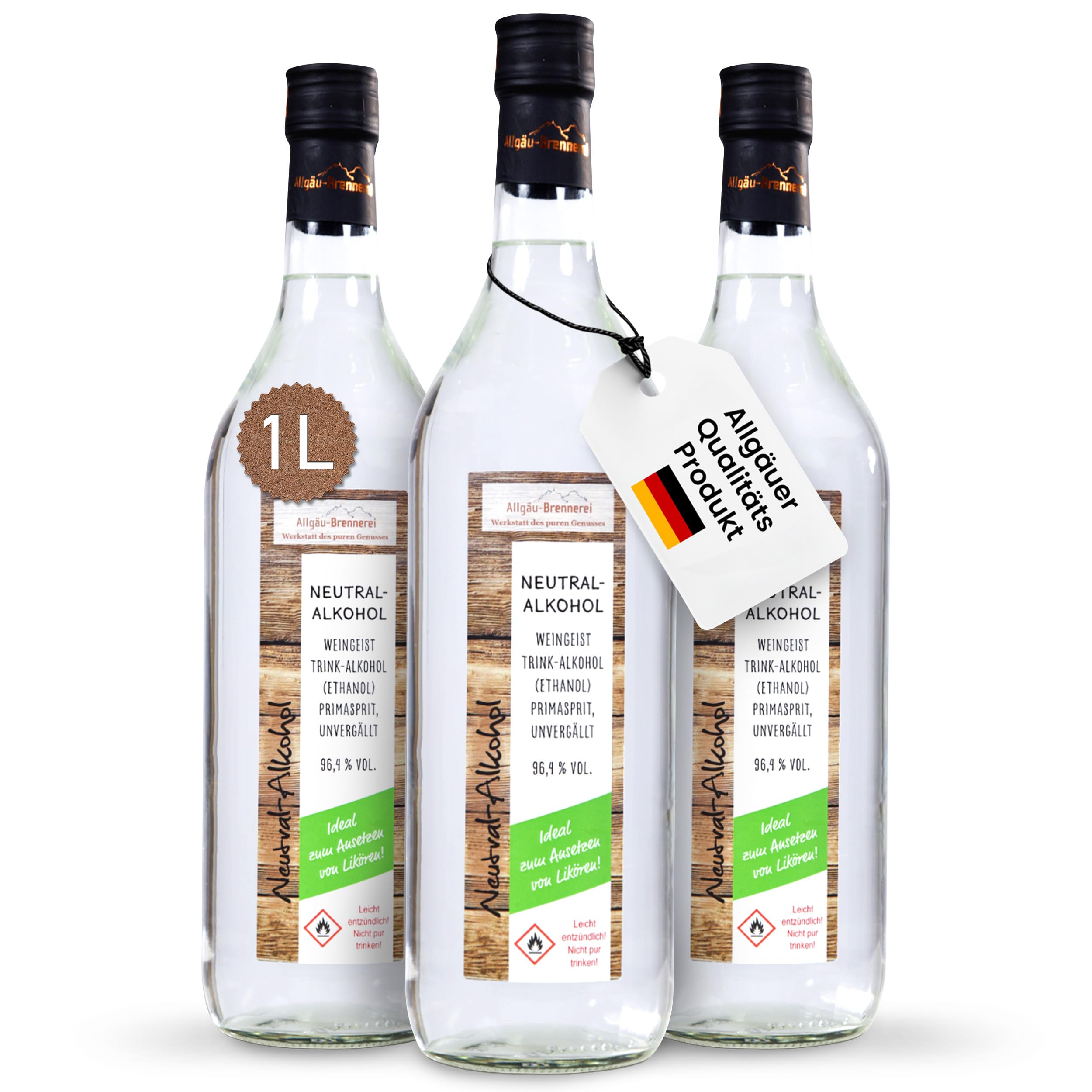 Allgäu Brennerei Weingeist Primasprit Ethanol 1000ml - Neutral Alkohol - Ideal zur Herstellung von selbstgemachten Likören (3 Flaschen)