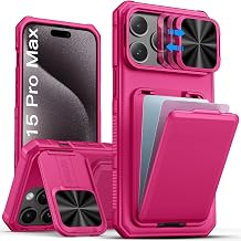SSLOTSCASE for iPhone 15 Pro Max Case with Credit Card Holder & Stand, Pink | Slide Lens Cover & Kickstand, Multi-Functional Wallet TPU Soft Silicone Edge Protective Phone Case for iPhone 15 Pro Max