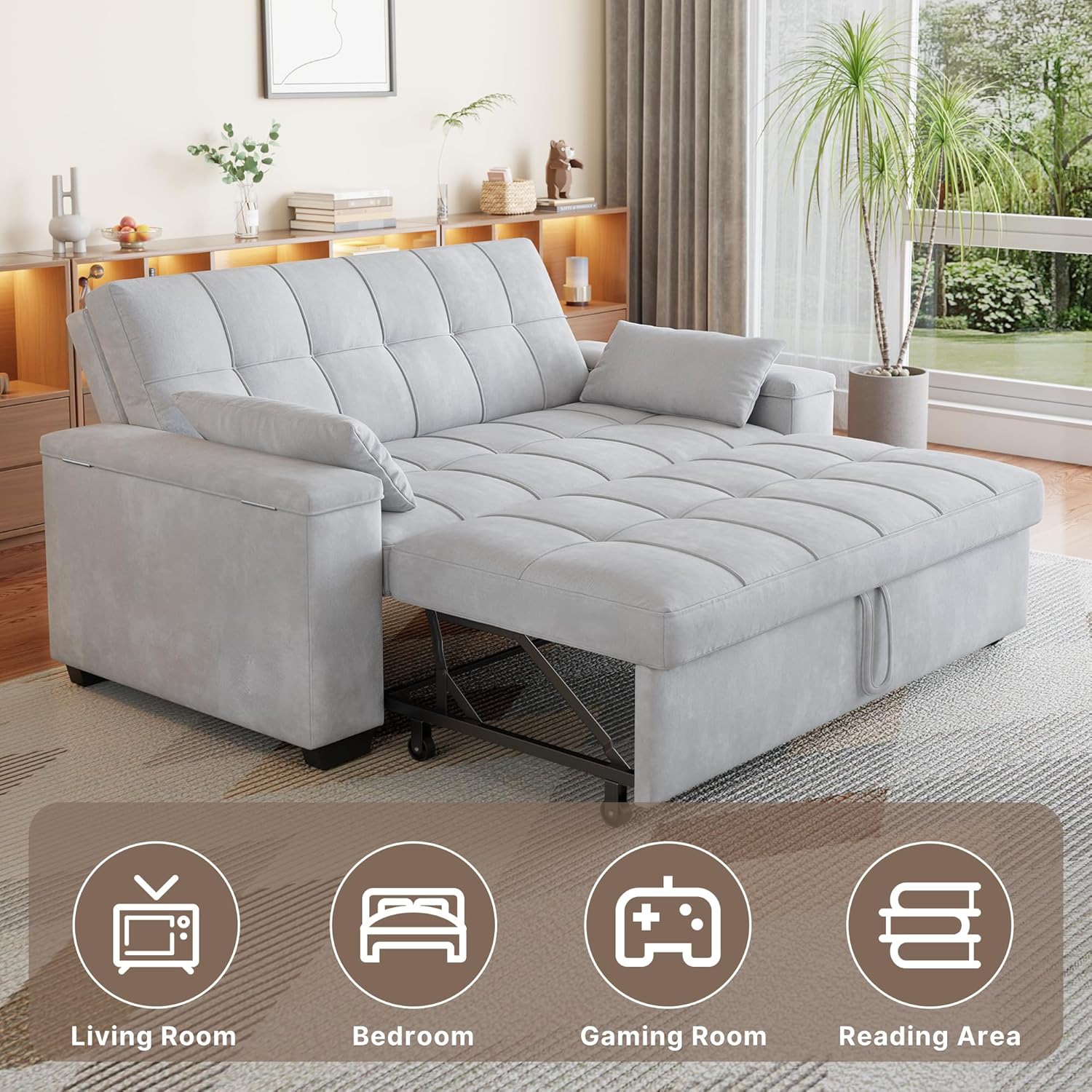 Diagram illustrating the 5-level adjustable backrest mechanism of the Gizoon sofa bed and a close-up of the sturdy metal frame.
