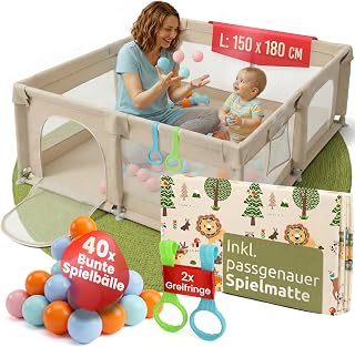 Mallie® Baby Playpen 150 x 180 cm Beige Including Mat and 40 Balls - Playpen with Linen Fabric, Playpen, Children's Fence, Stables & Play Pen, Assembled in 15 Minutes with Video Instructions (English With crawling mat 150 x 180 cm