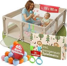 Mallie® Baby Playpen 150 x 180 cm Beige Including Mat and 40 Balls - Playpen with Linen Fabric, Playpen, Children's Fence, Stables & Play Pen, Assembled in 15 Minutes with Video Instructions (English