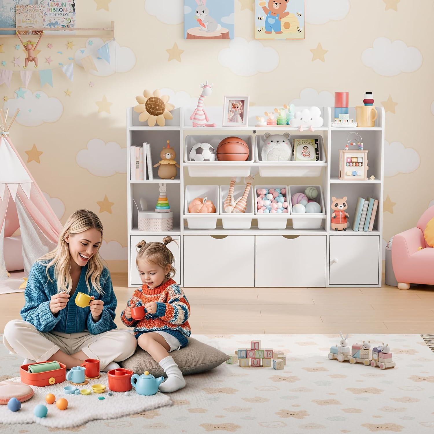 Xilingol Kids Toy Storage Organizer W/6 Removable Toy Bins, 4-Tier Toy Organizers W/6 Storage Cubbies and 2 Movable Drawers, Kid Bookshelf and Toy Storage for Playroom, Bedroom, Kids Room (White)