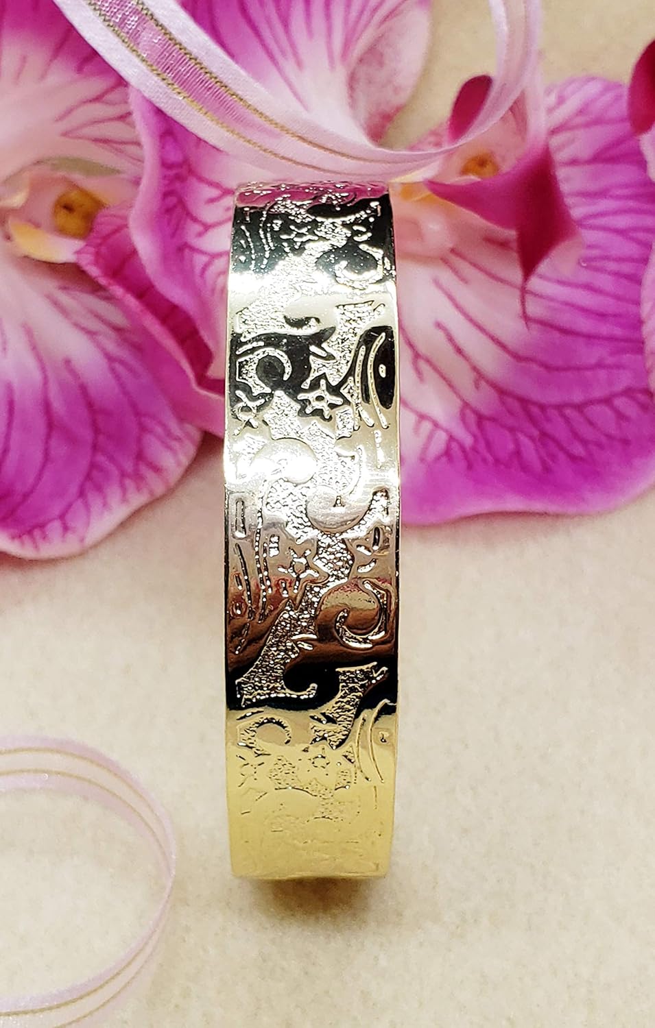 Healani Jewelry 15mm Gold Plated Asian Floral Bangle Bracelet