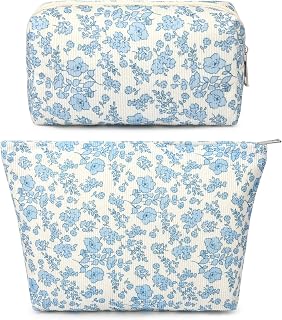 SOIDRAM 2 Pcs Makeup Bag Large Cosmetic Bag Toiletry Bag Makeup Pouch Travel Bag Organizer Cute Makeup Brushes Aesthetic Accessories Storage Bag for Women Blue Floral