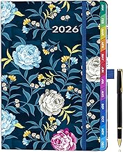 2026 A5 Week-to-View Planner (Jan 2026 - Dec 2026) – Midnight Blue, Floral Design, Colorful Monthly Tabs, Elastic Pen Holder, Pen Loop, Inner Pocket