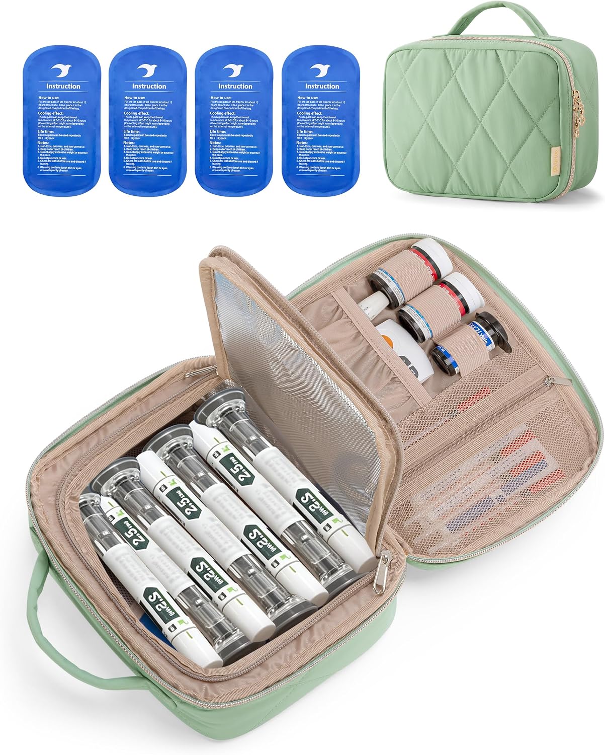 YARWO Puffy Insulin Cooler Travel Case Compatible with Zepbound/Mounjaro Injector Pens, Tirzepatide Travel Case TSA Approved with 4 x 160g Ice Packs, Large Diabetic Bag for Trip & Daily Use, Green