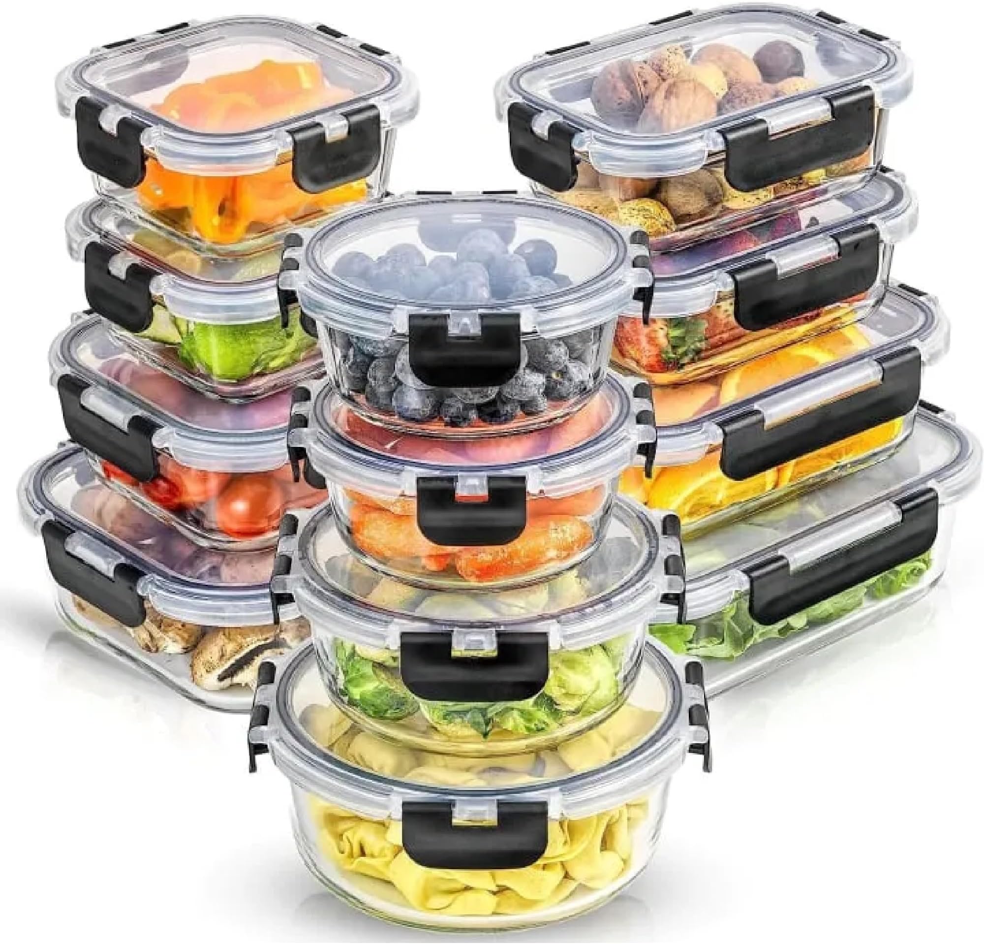 SAWA 12 Pack All in One Glass Meal Prep Containers, Glass Food Storage Containers with Lids, Airtight glass tupperware sets with lids, BPA-Free & Leak Proof, Dishwasher Microwave Freezer Oven Safe