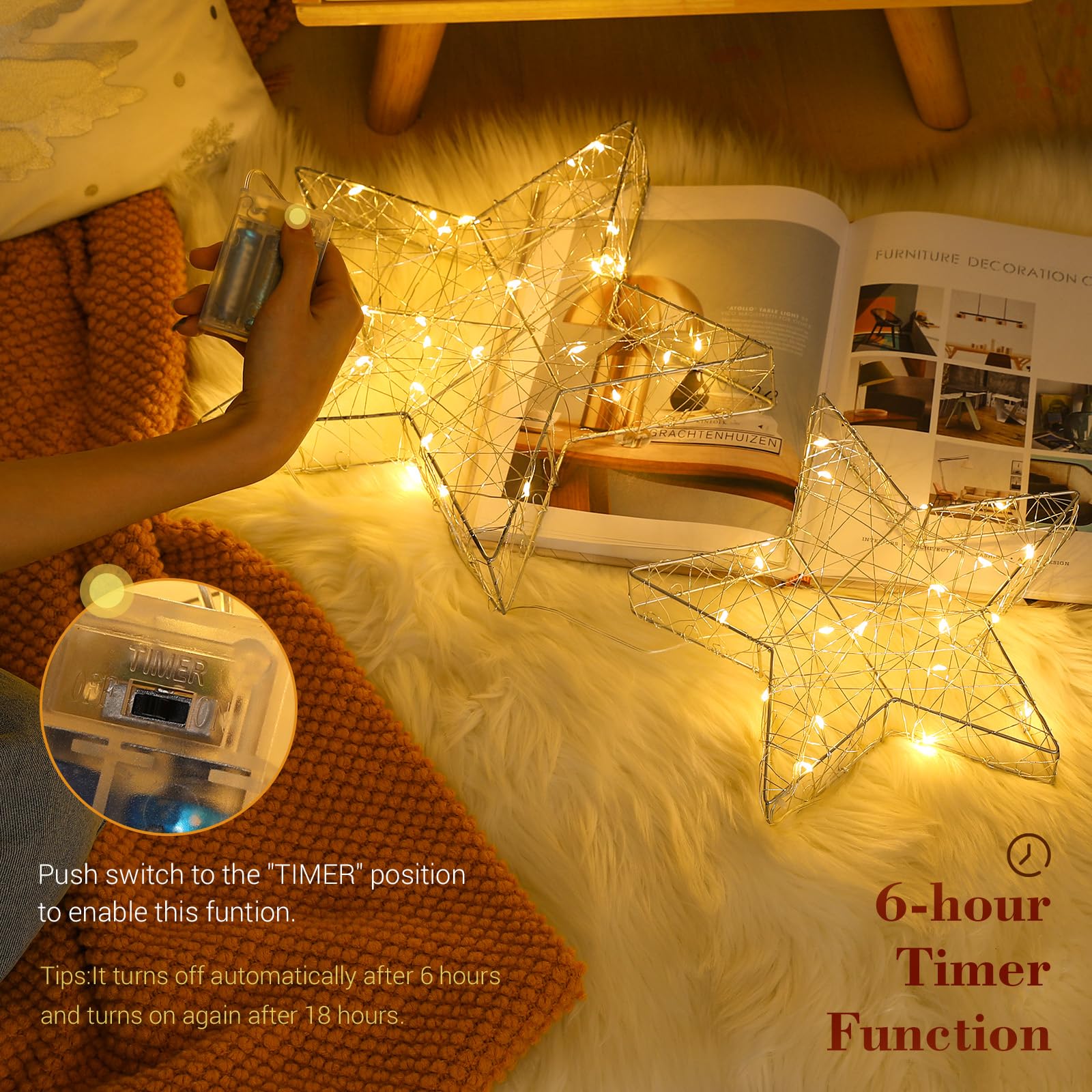 Lewondr Tischlampe, 2 Stück LED Sterne Deko mit Eisenrahmen, Silber | Weihnachten Nachttischlampe, Batteriebetrieben, Tischdeko Weihnachtsbeleuchtung Fenster Schlafzimmer Zuhause Büro