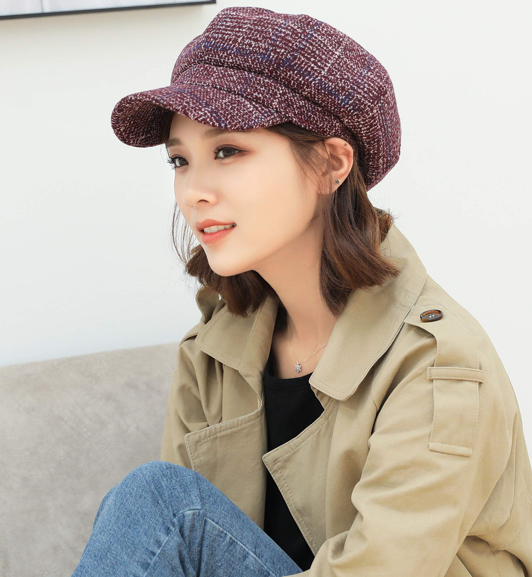 Superora Béret Bonnet Retro Plaid Automne Hiver pour Femme
