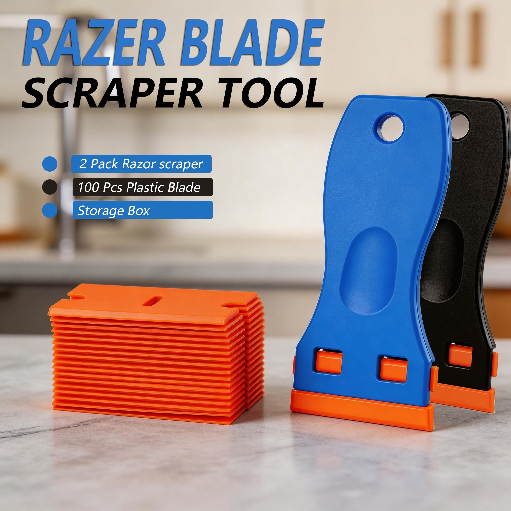 2 Pcs Razor Blade Scraper Tool with 100 Pcs Blades, Plastic Window Glass Scraper, Adhesive Remover for Stickers, Decals, Labels, Glass,car or Windows Non Scratch Cleaning Tool - 2