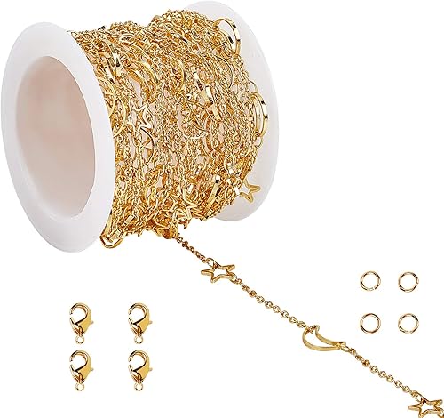CHGCRAFT Cadenas de eslabones de luna de latón de 16.4 pies, cadenas de cable chapadas en oro de 18 quilates con broches de langosta y anillos de