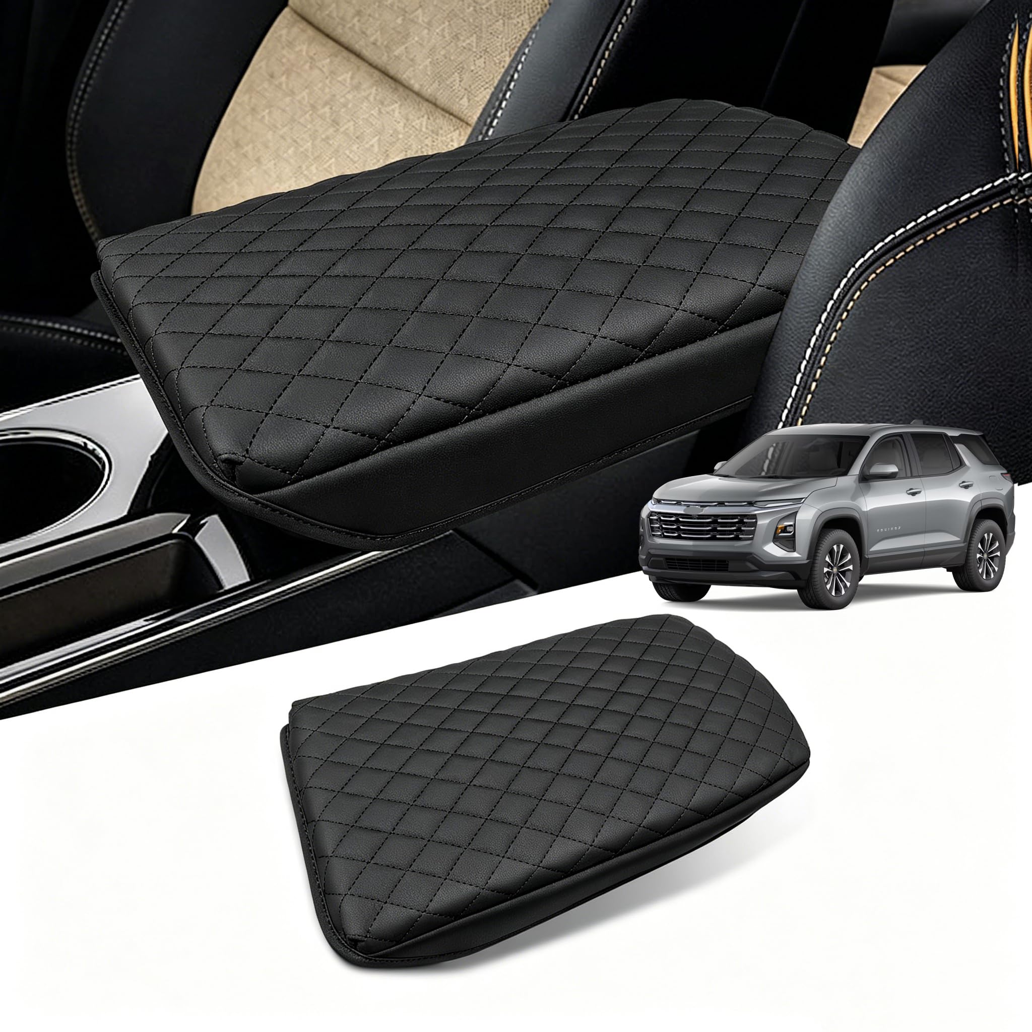 Center Console Cover Armrest Cover for 2025 2026 Chevy Equinox (Not for EV) LT/Activ/RS, Thickened PU Leather Car Armrest Box Cushion Pad Protector with Diamond Stitching, Interior Accessories