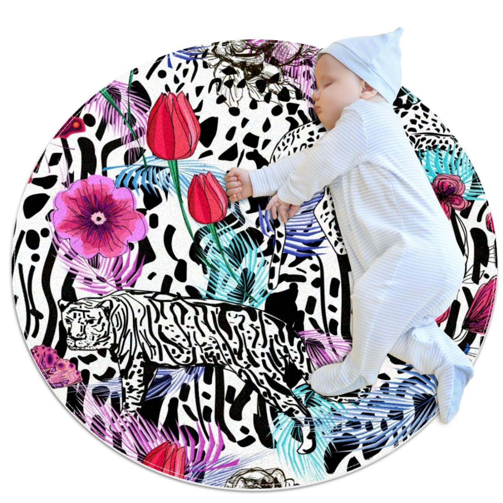Tapis rond pour enfants 80x80cm JDEZ imprimé léopard fleurs animaux
