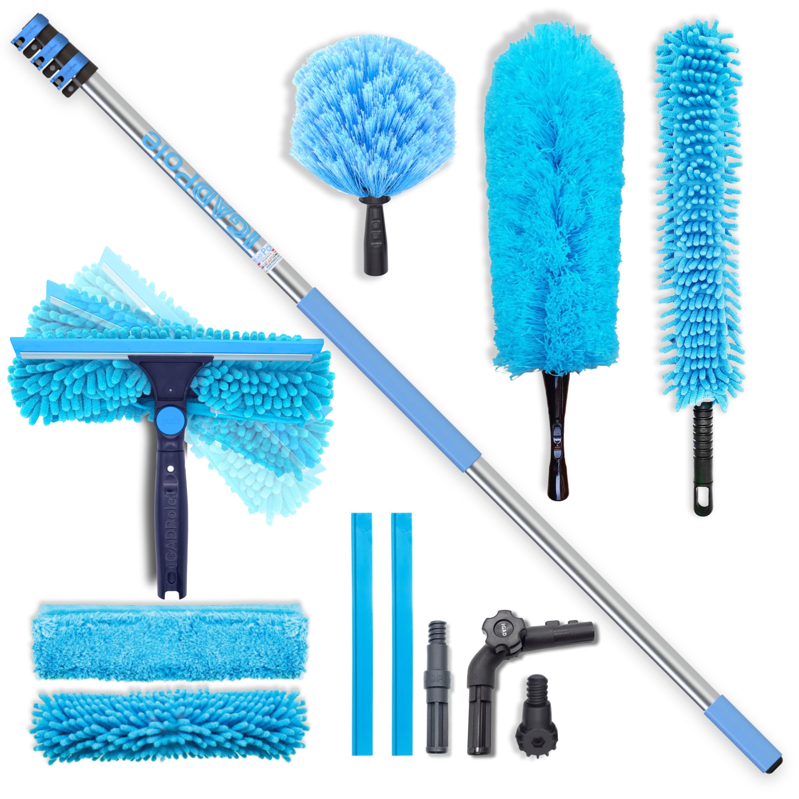 Igad White 12Ft All-In-One Window Washing & Dusting Kit By – Pivot Squeegee With 2 Washable Cloths, Cobweb Duster, Microfiber Feather Duster & Ceiling Fan Duster