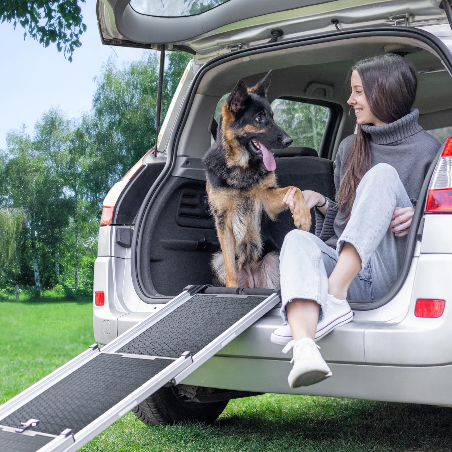 Hunderampe Auto Klappbar- Teleskop Alu Rampe für große Hunde - Stabile Hundetreppe Auto & SUV - rutschfest - Reflektierende Seiten - Hundeleiter Auto - 90kg Belastbarkeit - Befestigungsclip - Schwarz