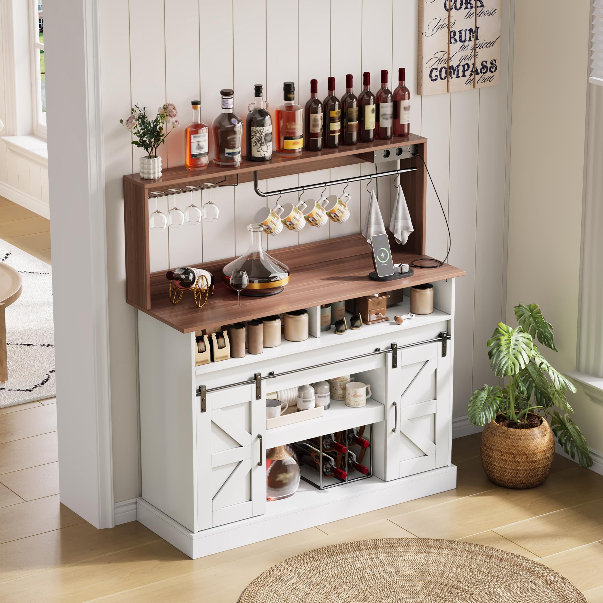 120 cm Lange Kaffeebar mit Gläserhalter und Steckdosen (2×AC, 2×USB), Sideboard mit Stauraum, Sideboard im Landhausstil für Küche/Wohnzimmer mit Schiebetüren