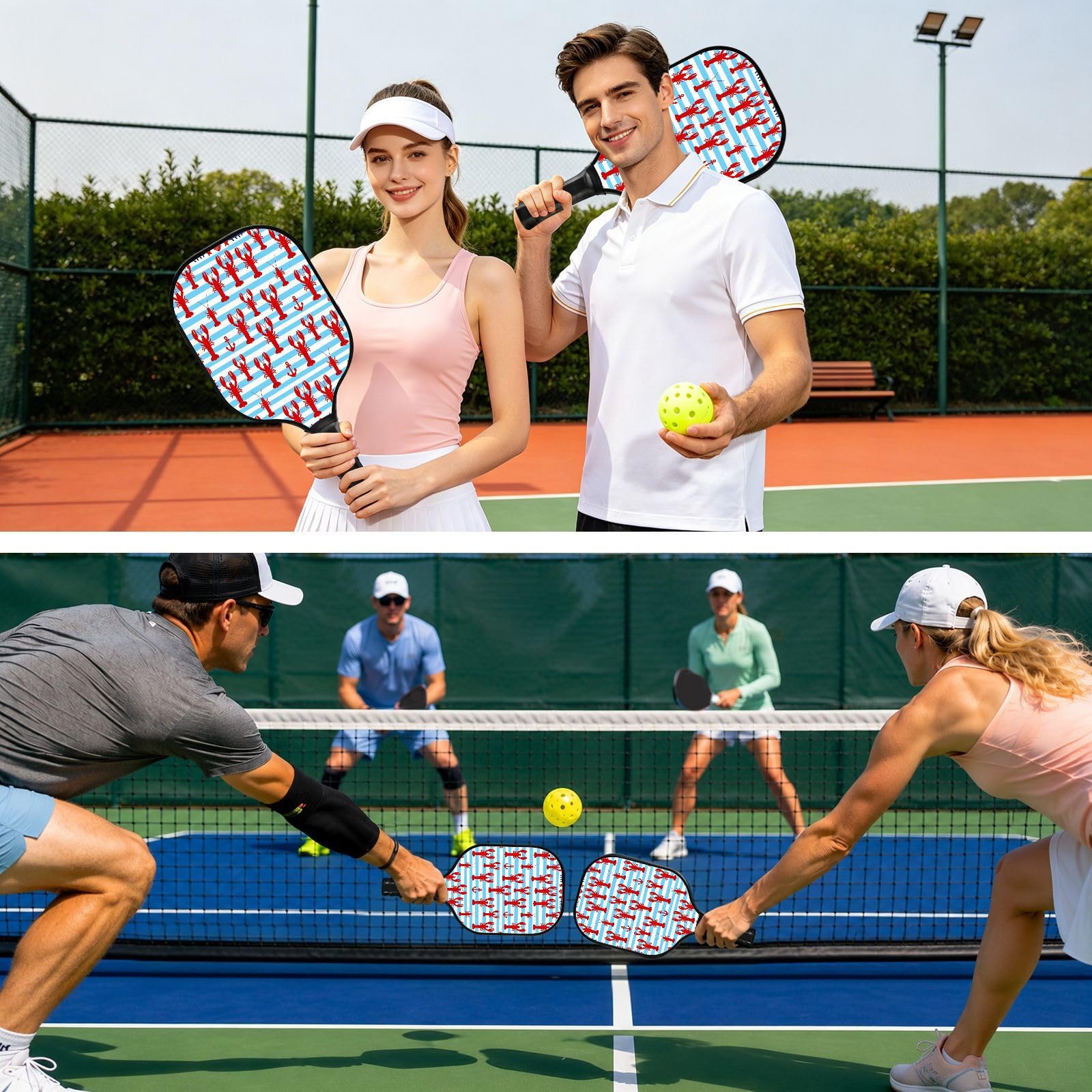 Racchetta da pickleball in grafite, motivo aragosta, a strisce bianche
