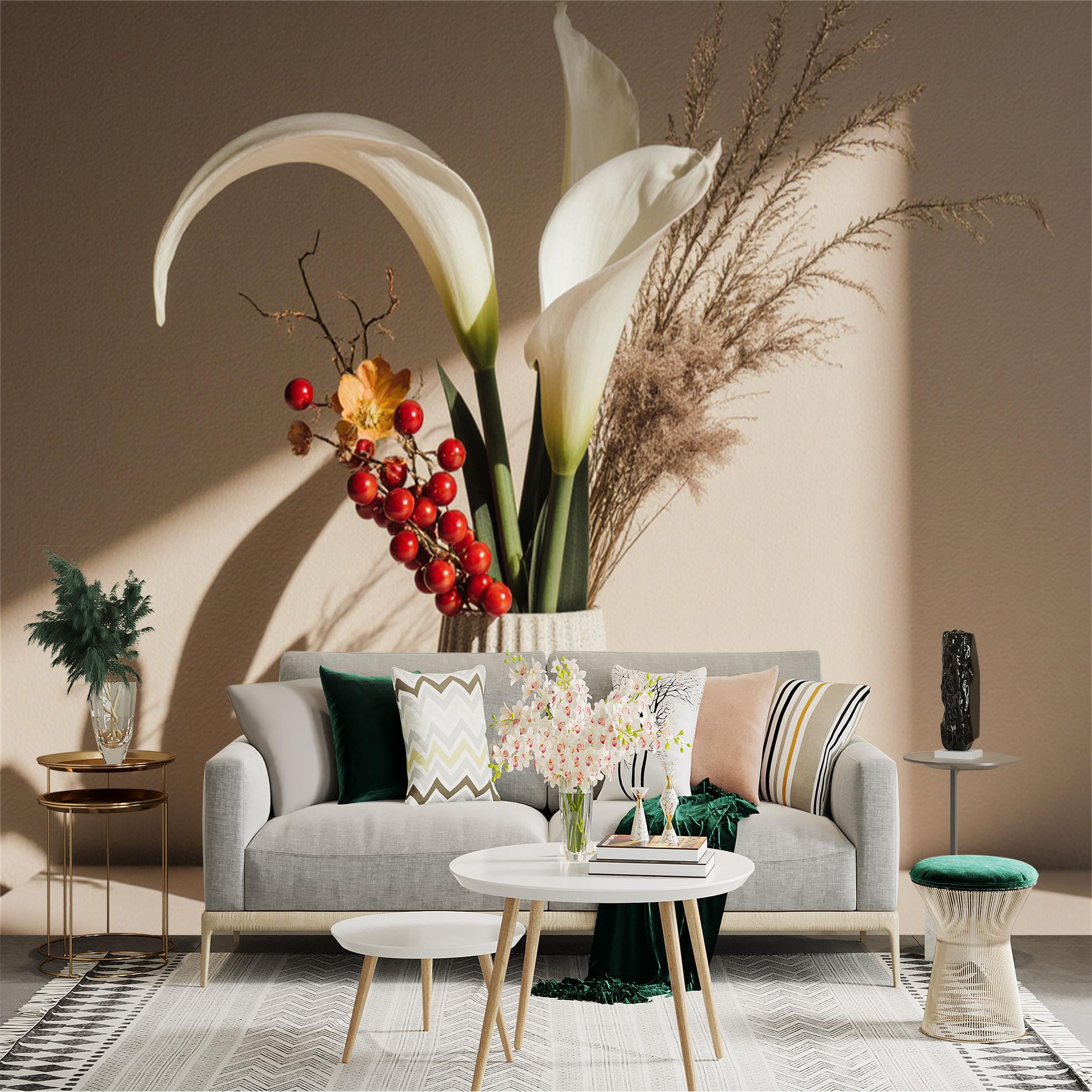 Custom Size Wall Sticker Mural， Elegant Calla Lily Flowers， Minimalist Floral Arrangement， Red Berries in Stone Vase， Soft Aesthetic Sunlight， for wall Decoration， peelandstick wall Decals.