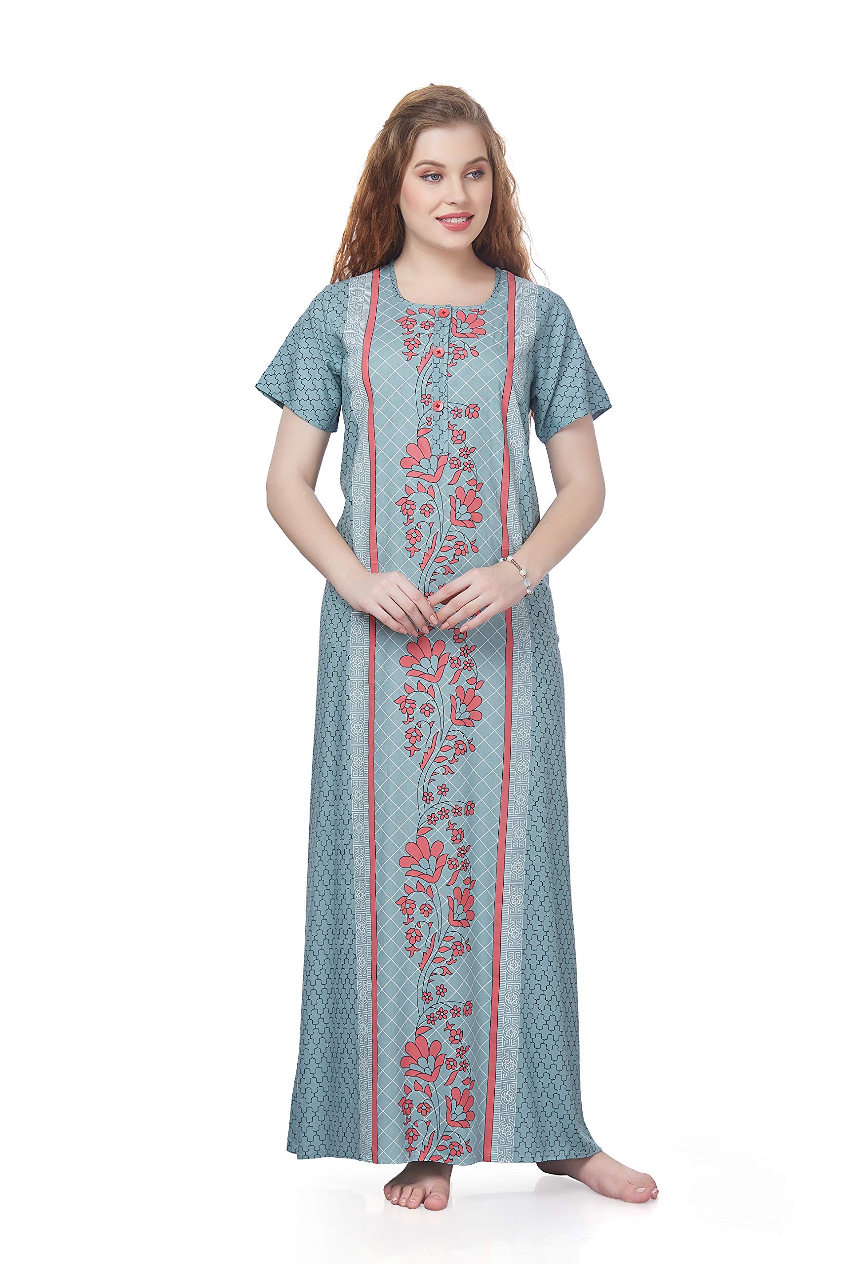 R.F.RF Ruvi Fashion 100% Rayon Nighty for Women Use Full Length Gown/Maxi, Comfortable, Simple, Durable and Fashionable Round Neck with Button 107