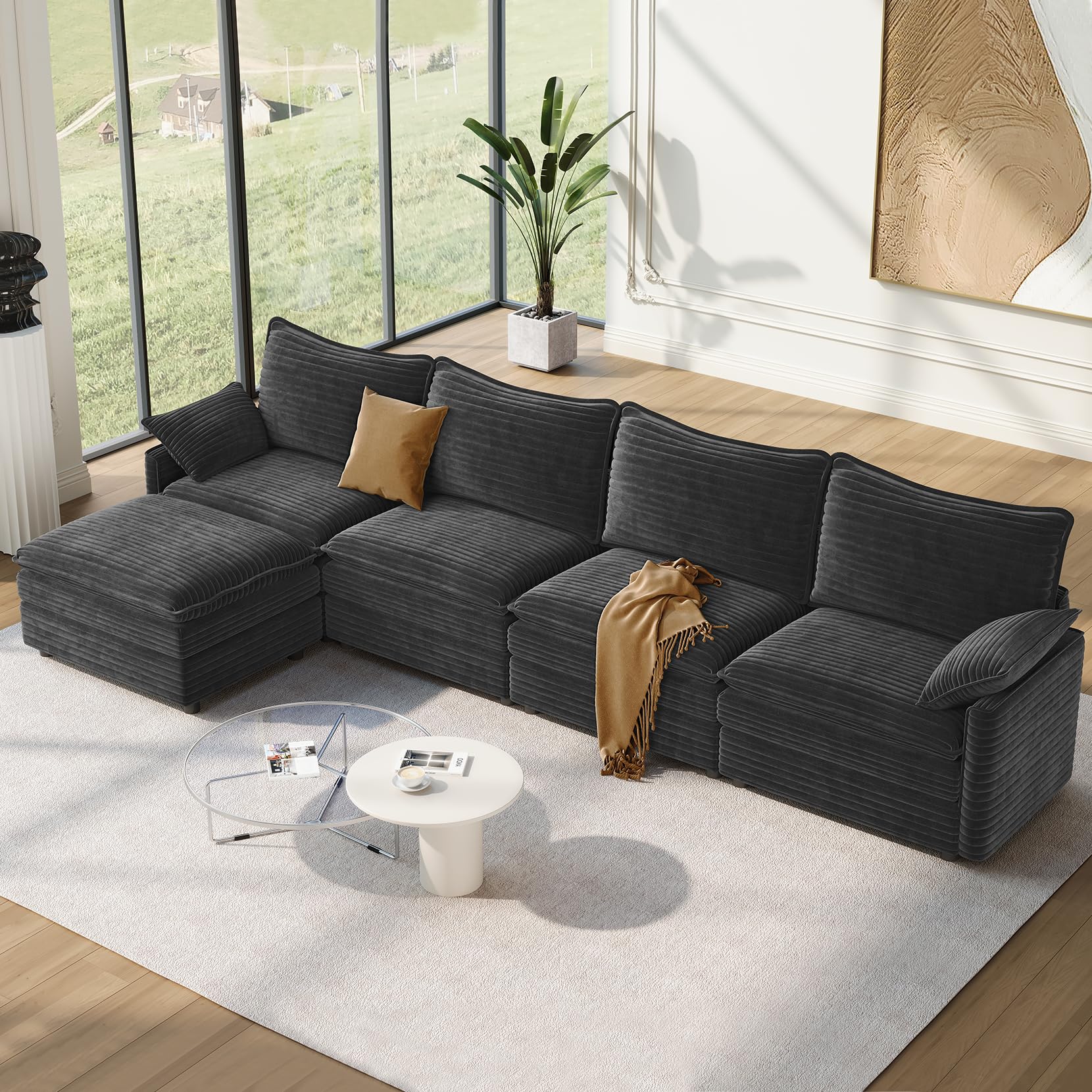 Vesgantti 142" Cloud Couch Sectional Modular Sofa, Comfy Sectional Couch with Ottoman Deep Seat Corduroy L Shaped Sofa, Modular Couches for Living