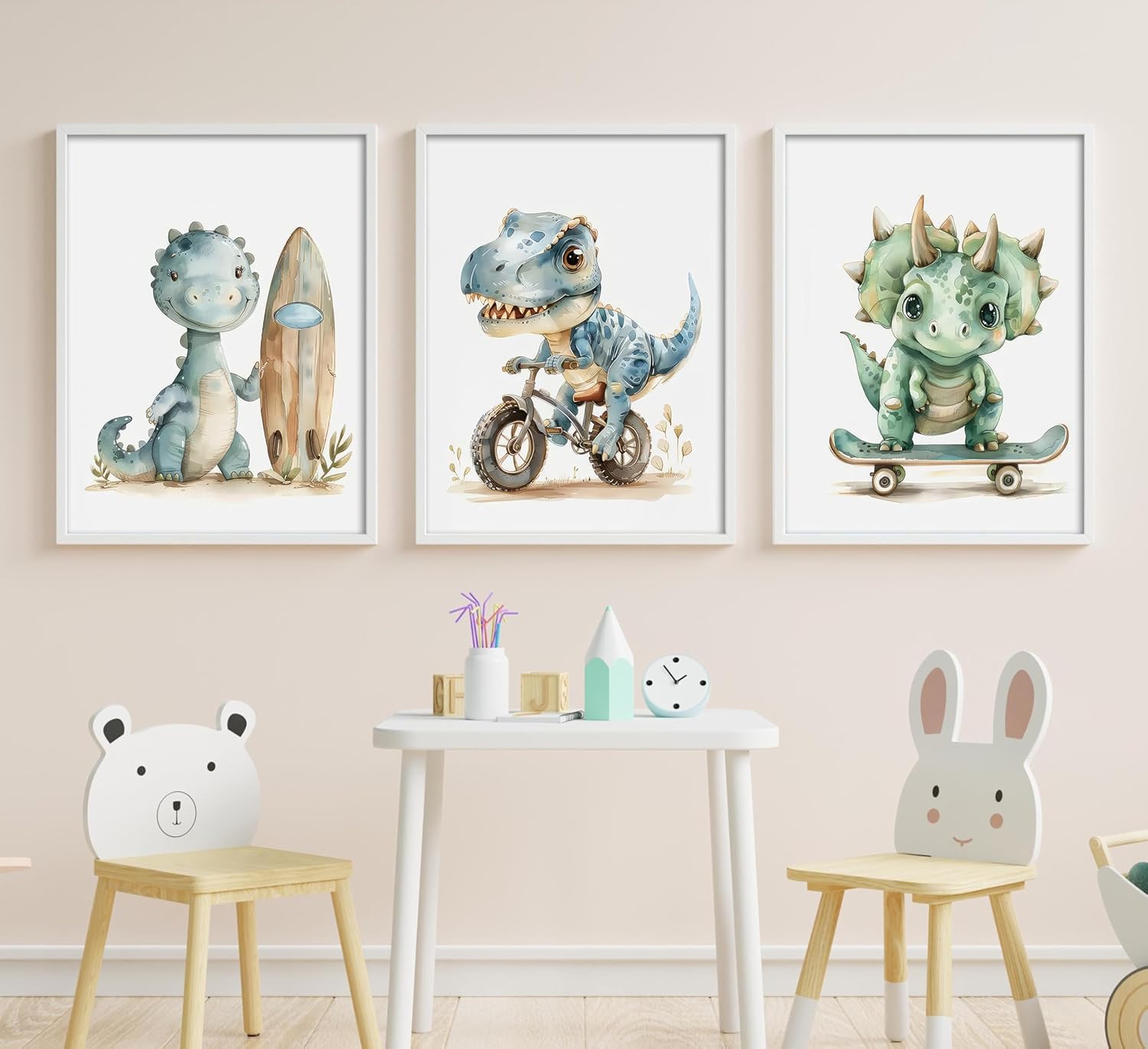 Funny Dinosaur Nursery Canvas Wall Art Surfing Skateboard Riding Dinosaur Painting Picture Wall Decor Sport Nursery dinosaur Print Artwork Poster Print Artwork for Boys Room Girls Room Home Decoration - Image 3