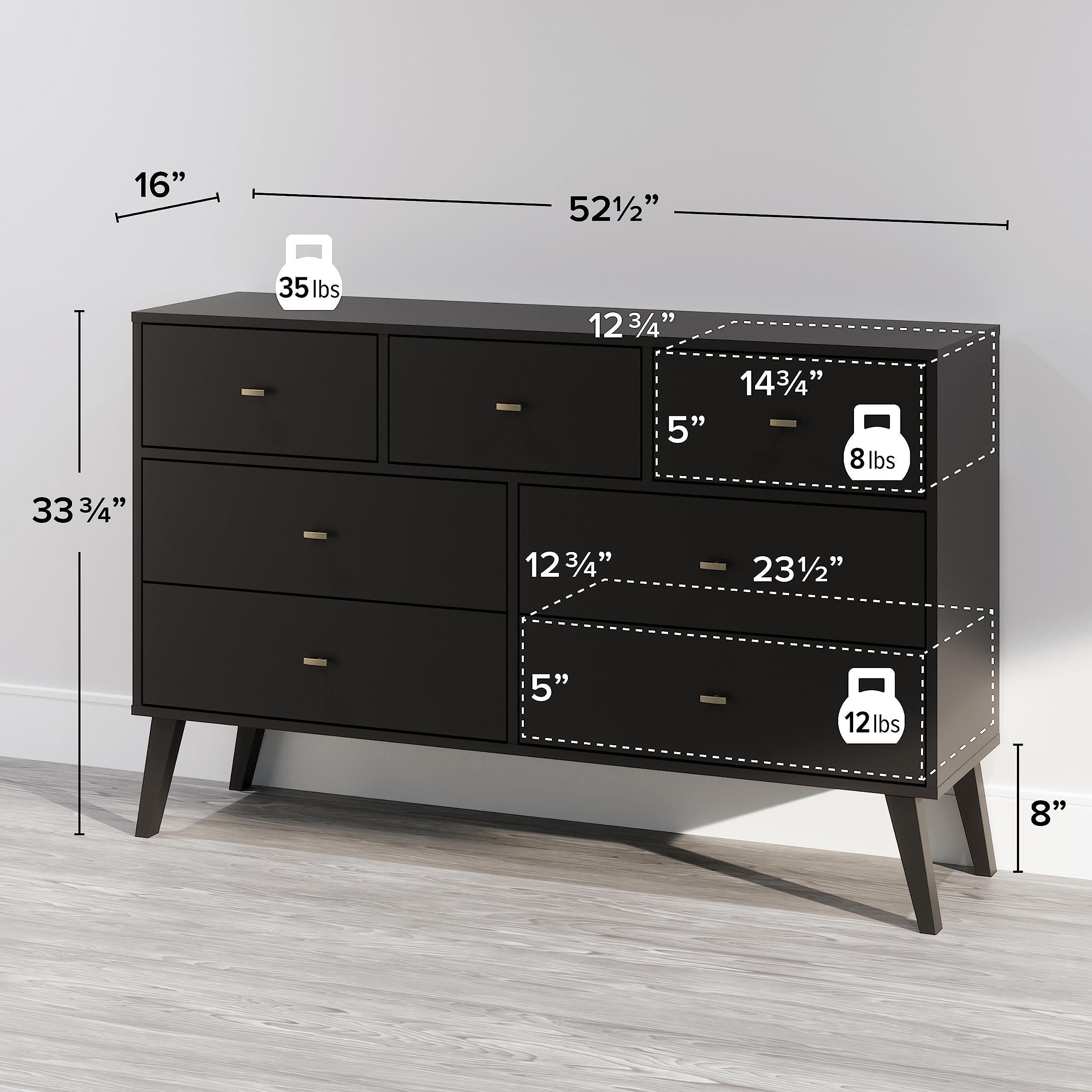 prepac milo mid century modern 7-drawer dresser Prepac Solid Wood Milo Mid Century Modern 7-Drawer Cherry Double Dresser