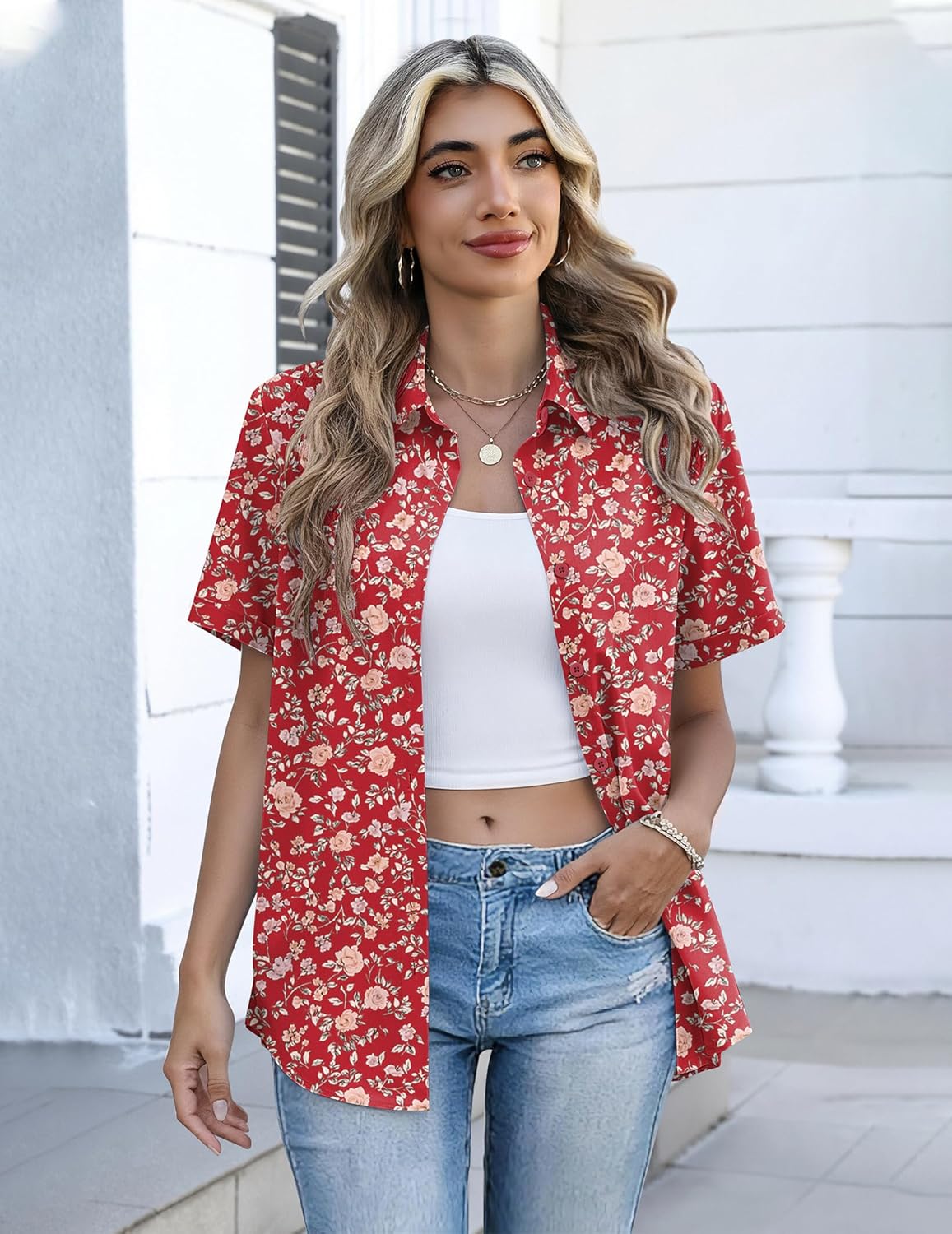 Zeagoo Button Down Shirts for Women Short Sleeve Collared Tops Dressy Casual V Neck Blouses - Image 3