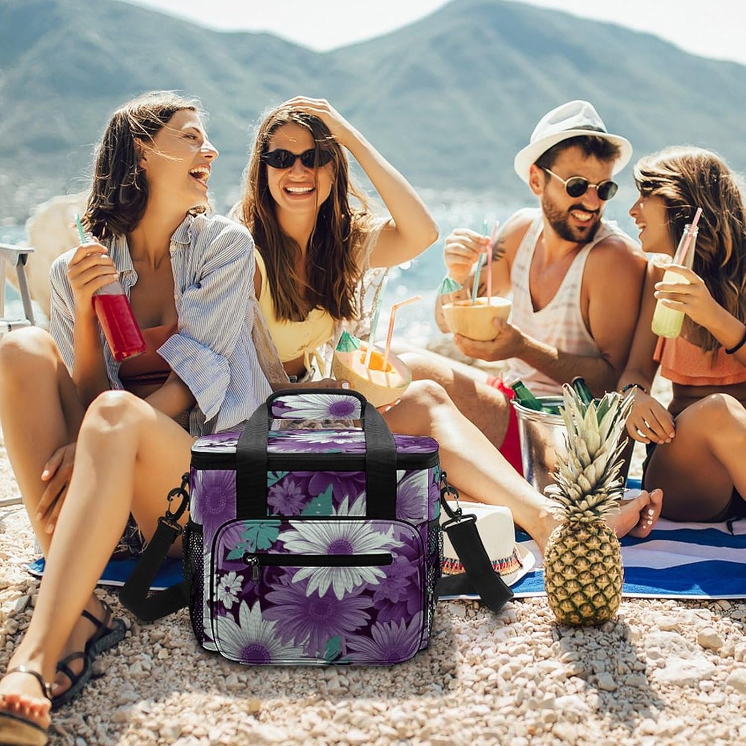 Purple White Floral Cooler Bags Portable Soft Cooler Bag Lightweight Ice Chest Insulated Lunch Bags Camping Cooler Bag Cooler Lunch Tote Coolers for Picnic Travel Beach