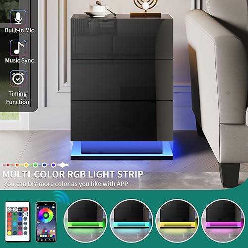 Miniatura 6 de YITAHOME Mesita de noche con luces LED, mesas de noche de alto brillo con 3 cajones, mesitas de noche flotantes altas para dormitorio, color negro