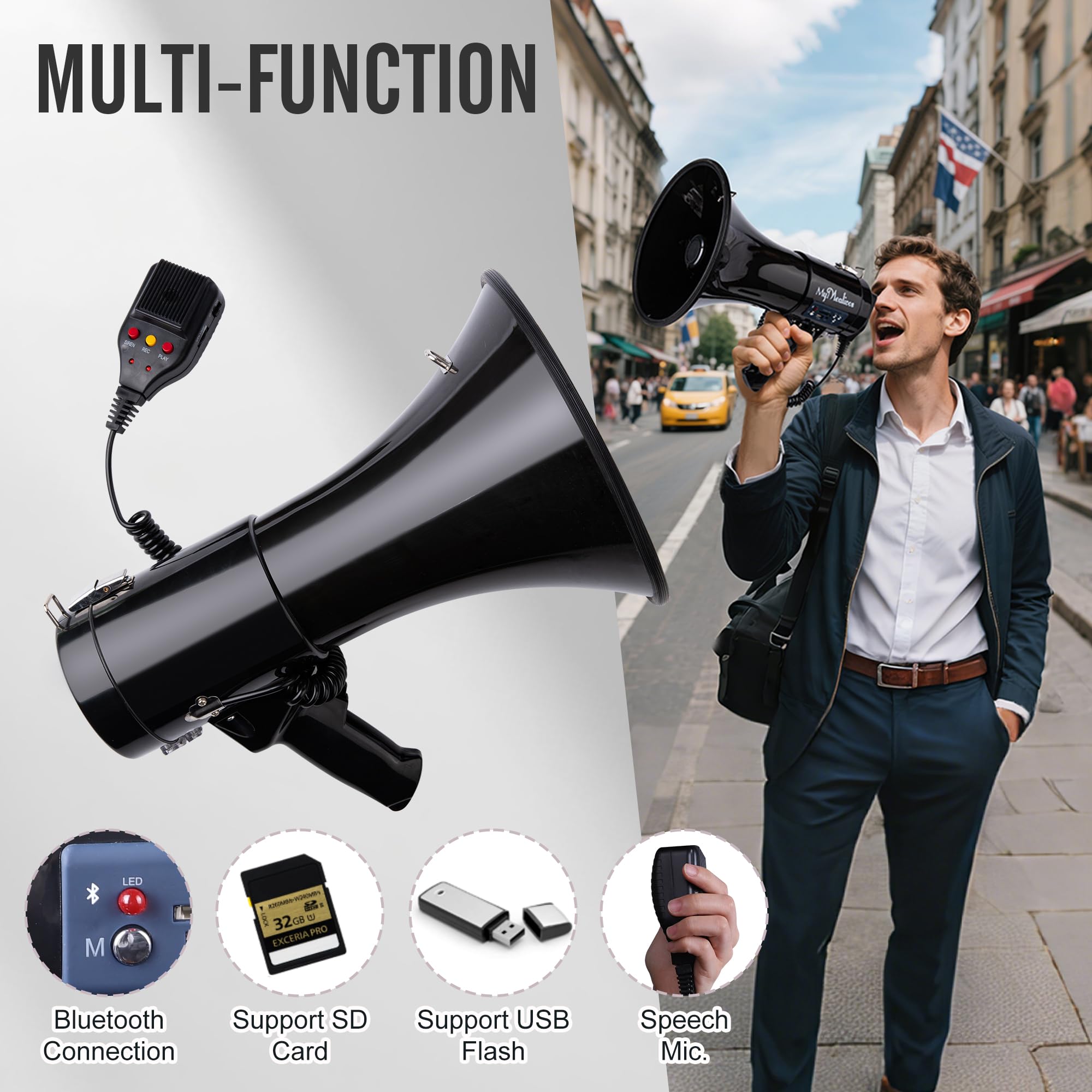 MyMealivos Mégaphone avec sirène Bullhorn 50 W avec Microphone Amovible, Sangle légère Portable et entrée auxiliaire 3,5 mm (mégaphone)