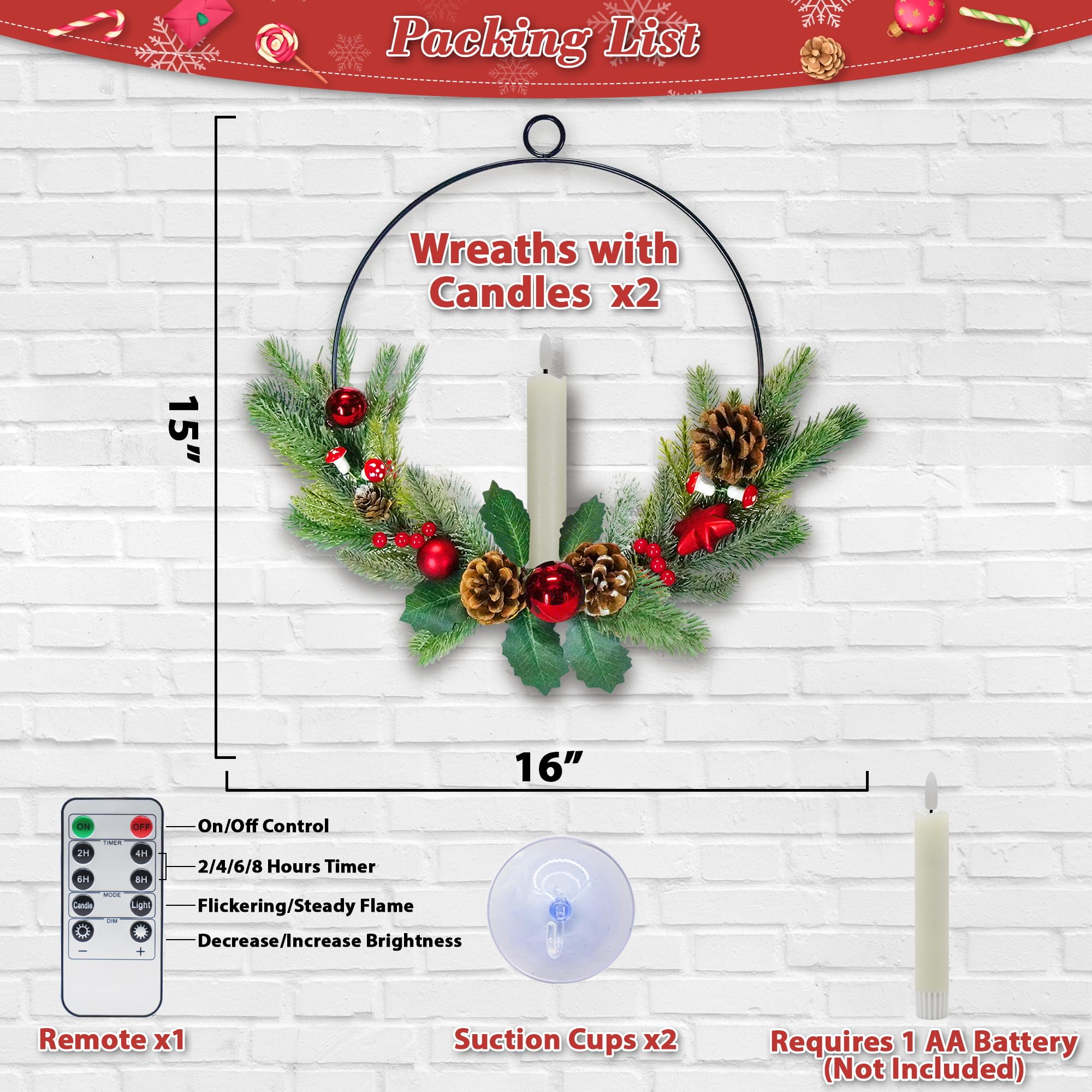 Lot de 2 couronnes de Noël pour porte d'entrée avec bougies coniques à DEL de 40,6 cm pour fenêtre avec lumière et télécommande à piles - Décorations de Noël d'extérieur