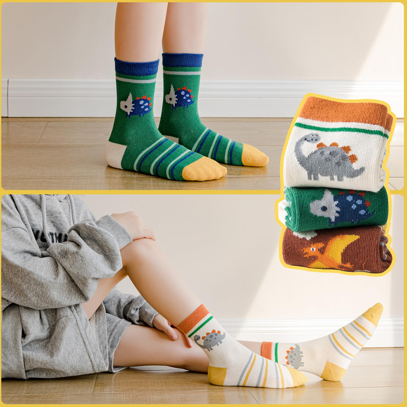 Calcetines de algodón para niños pequeños y grandes, calcetines de vestir coloridos a rayas de dibujos animados de dinosaurio, coche