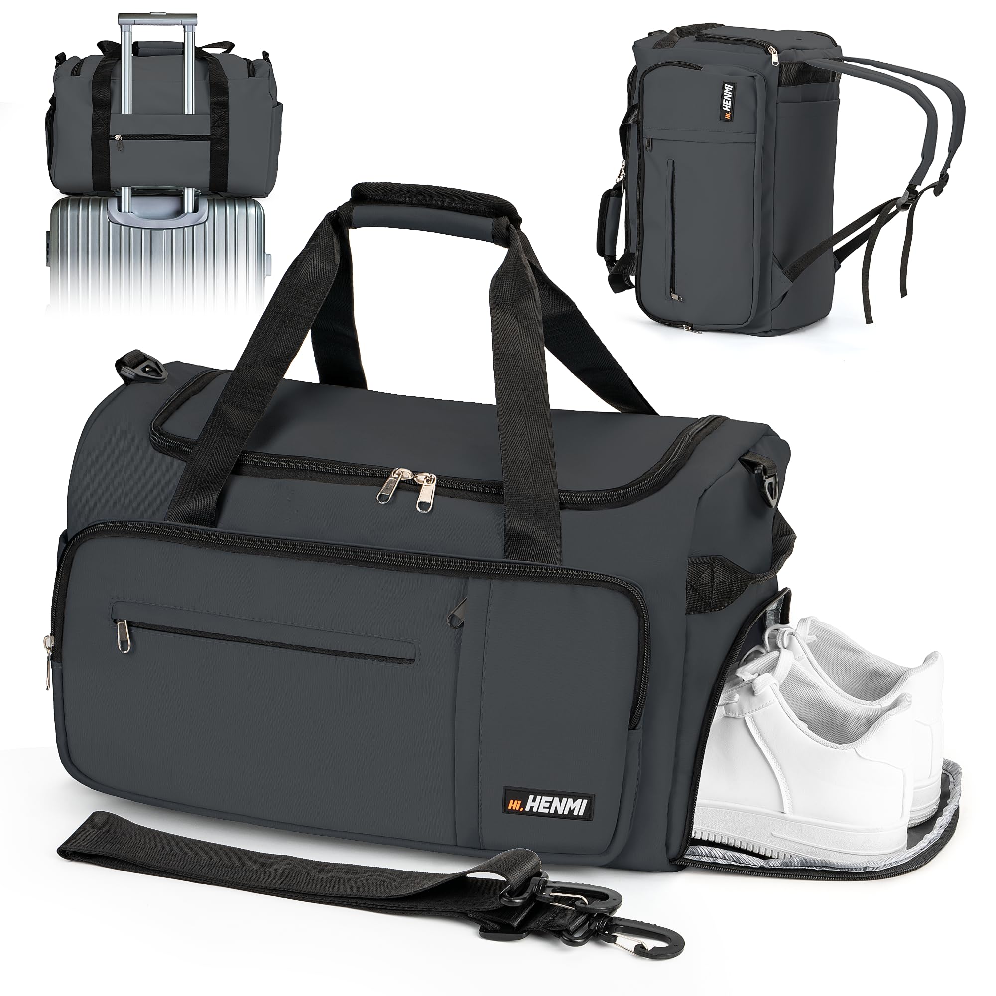 HENMI 43L Sporttasche & Reisetasche für Herren und Damen | Groß gymbag mit Schuhfach & Nassfach, Faltbare Gym Tasche für Sport und Travel.Sport Tasche, Fitness Rucksack Trainingstasche