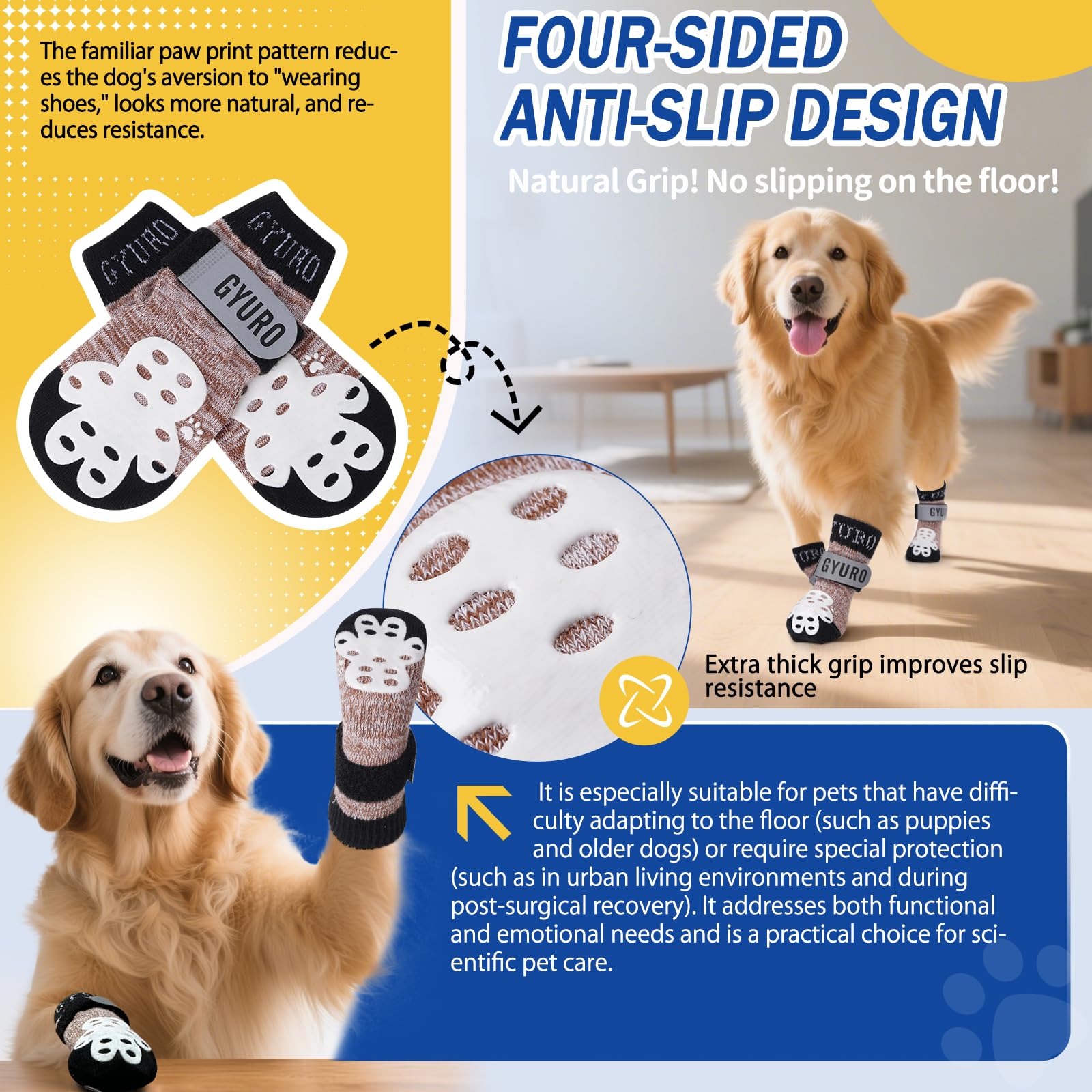 GYURO 4-Sided Anti Slip Dog Socks Paws Stop Licking with Adjustable Reflective Strap, Indoor Paw Protection - Image 3
