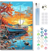 MOGTAA Ship Sunset Paint by Number Kit para adultos iniciantes emoldurado, kits de pintura por números para adultos em tela, kits fáceis de pintar por número, kits de pintura a óleo de cenário DIY