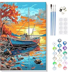 MOGTAA Ship Sunset Paint by Number Kit para adultos iniciantes emoldurado, kits de pintura por números para adultos em tela, kits fáceis de pintar por número, kits de pintura a óleo de cenário DIY