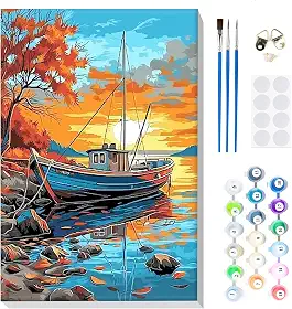 MOGTAA Ship Sunset Paint by Number Kit para adultos iniciantes emoldurado, kits de pintura por números para adultos em tela, kits fáceis de pintar por número, kits de pintura a óleo de cenário DIY