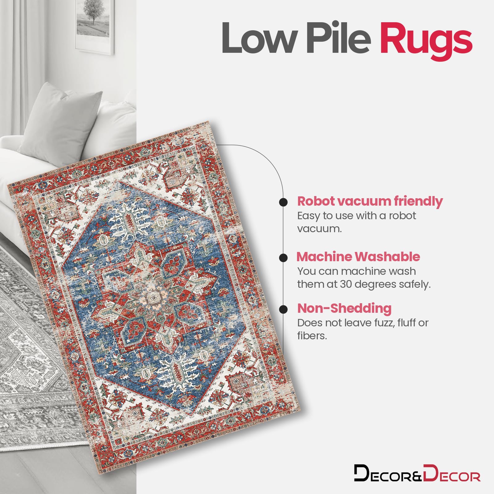 Decoranddecor Distressed Hallway Rug, 80x150cm, Non-Slip, Low Pile, Pet Friendly - Image 3